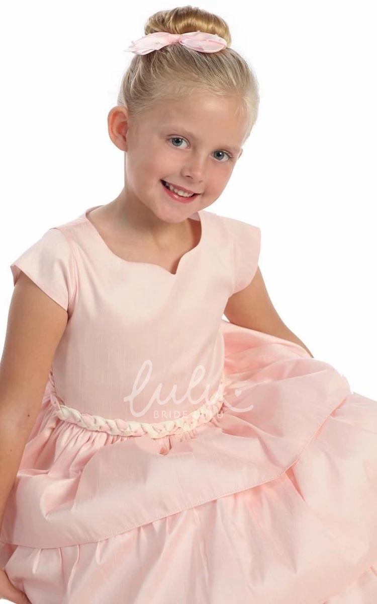 Cap-Sleeve Tea-Length Bow Accent Flower Girl Dress