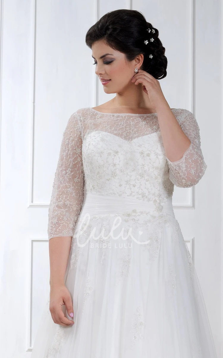 A-Line Tulle Dress with Caped Sleeves and Bateau Neckline for Wedding
