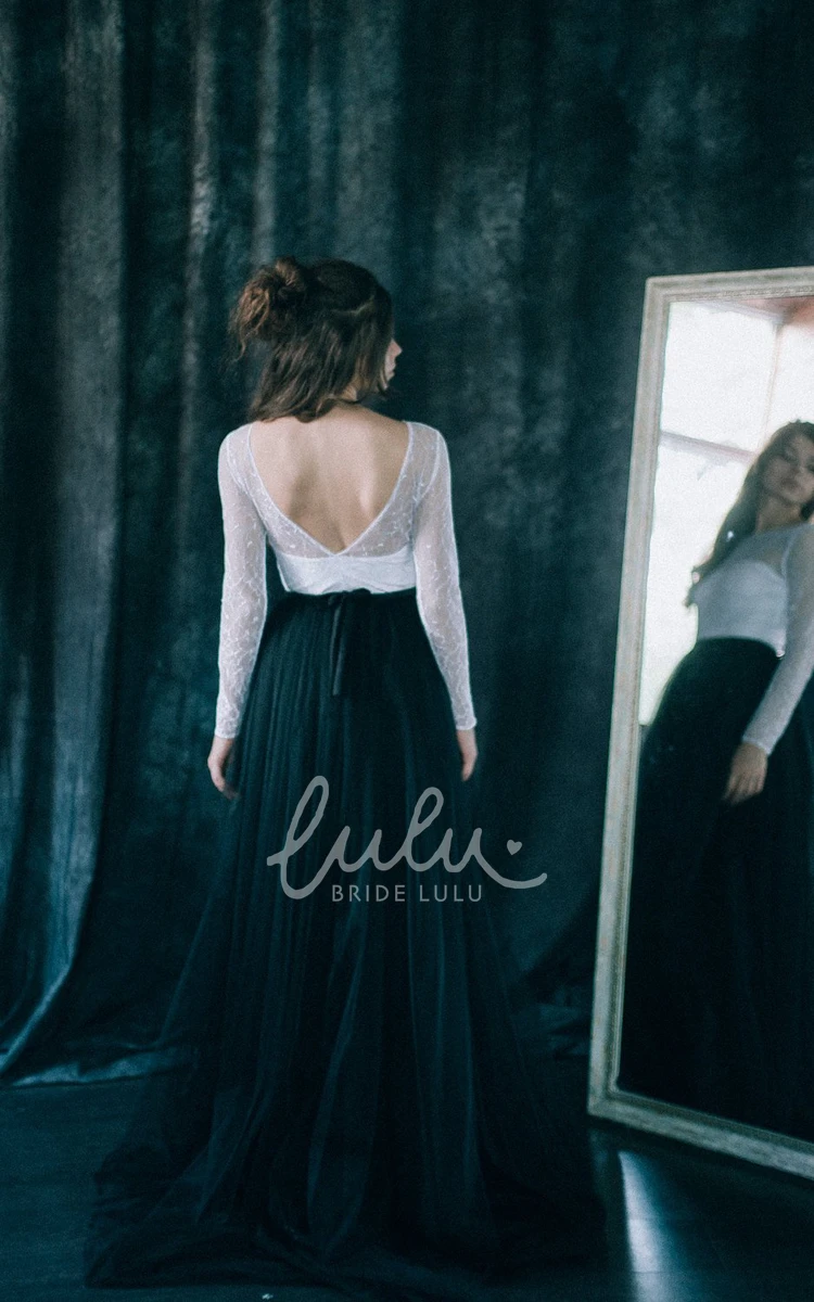 Black Pleated Lace Sheath Wedding Dress Bateau Deep-V Back Long Sleeve Floor-length