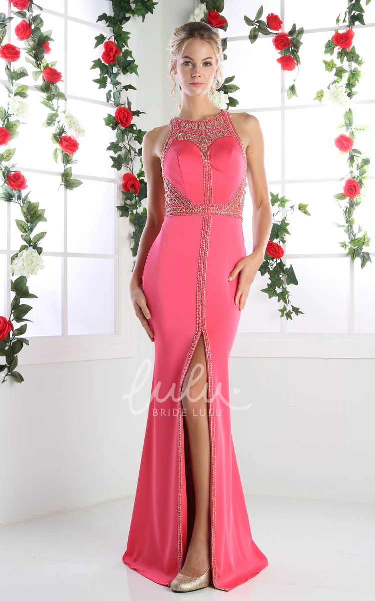 Jersey Sheath Dress with Straps and Split Front Flowy Sleeveless Formal Dress