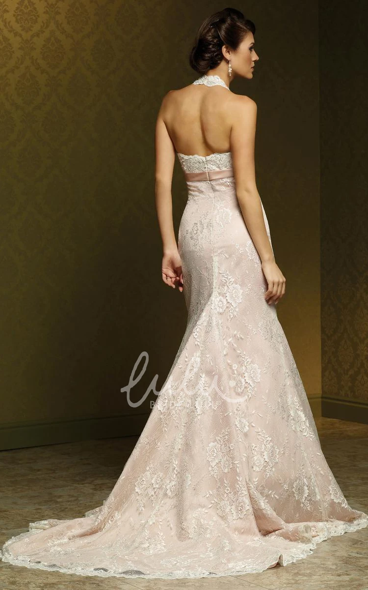 Sleeveless Sheath Lace Wedding Dress with Appliques and Bow Floor-Length V-Neck Tulle & Satin