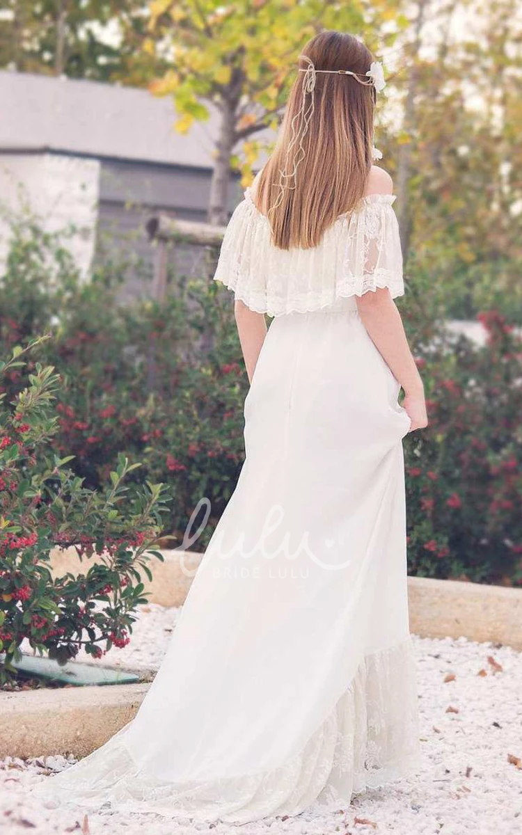 Off-Shoulder Boho Lace Chiffon Wedding Dress with Sweep Train