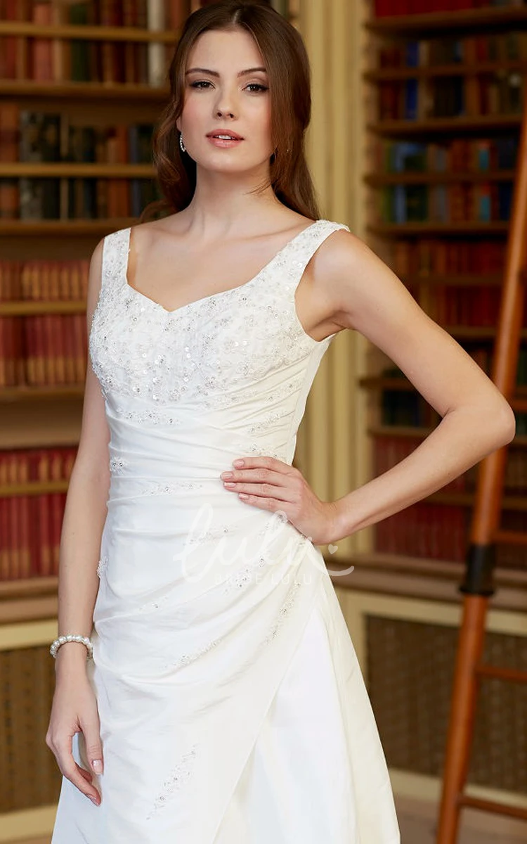 Satin Wedding Dress with Low-V Back and Side Draping A-Line Beaded Sleeveless