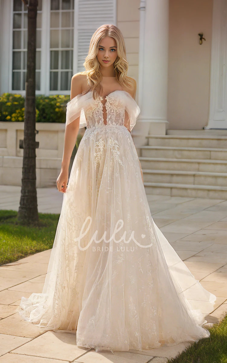 Ethereal Flowers Plunging Neckline Off-the-shoulder A-Line Lace Tulle Wedding Gown Sexy Romantic Sleeveless Floor-length Open Back Bridal Dress