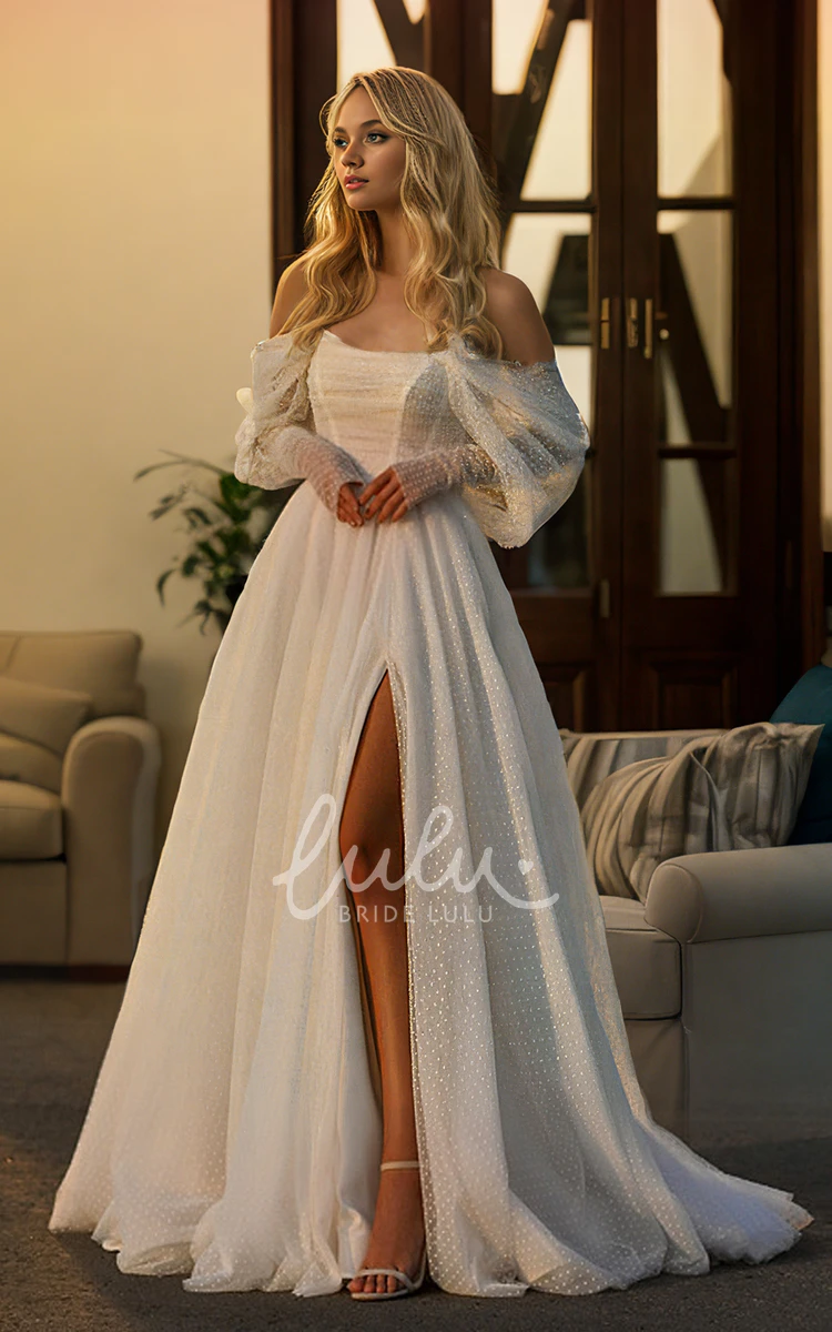 Simple Sexy Off-the-shoulder A-Line Tulle Wedding Dress Vintage Romantic Adorable Lace-up Back Floor-length Split Front Bridal Gown with Train