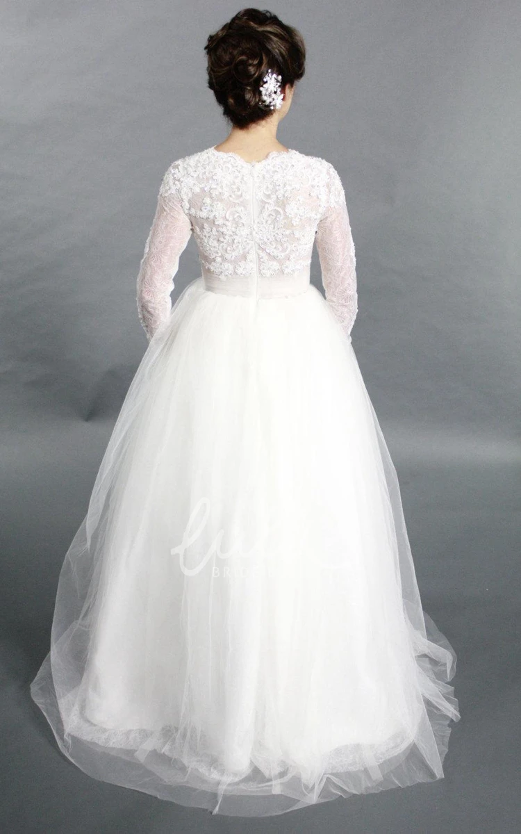 Beaded V-Neck Tulle A-Line Wedding Dress with Long Sleeves