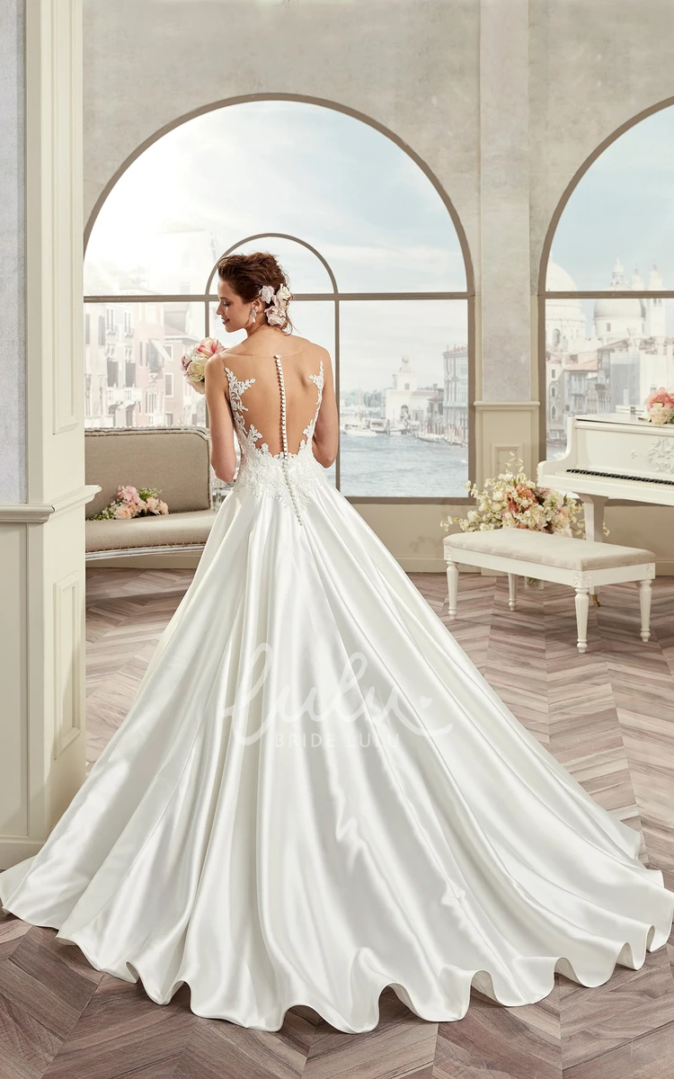 A-Line Satin Wedding Dress with Sweetheart Lace Bodice and Spaghetti Straps Classic Bridal Gown