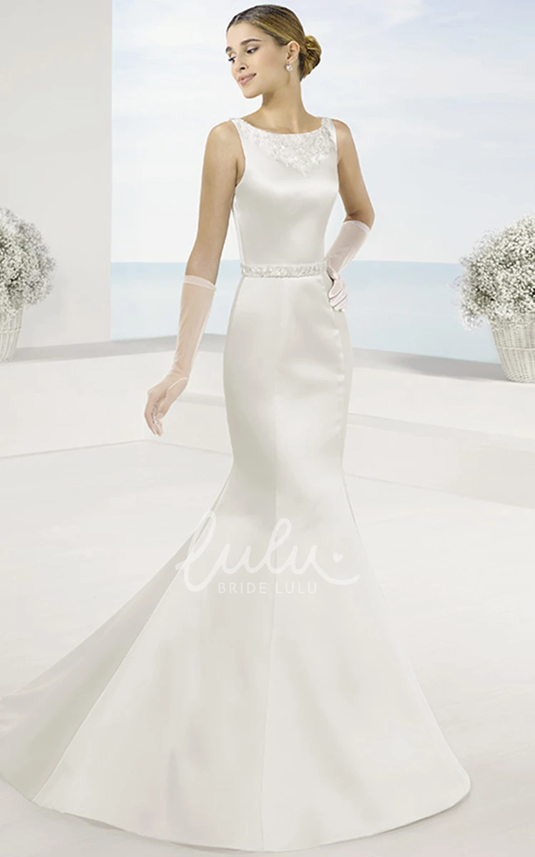 Sleeveless Mermaid Satin Wedding Dress with Jewelled Waist and Illusion Back