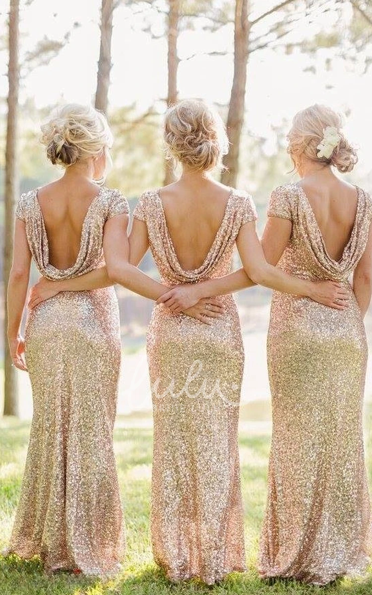 Sequin Bateau Cap Sleeve Prom Dress for Bridesmaids