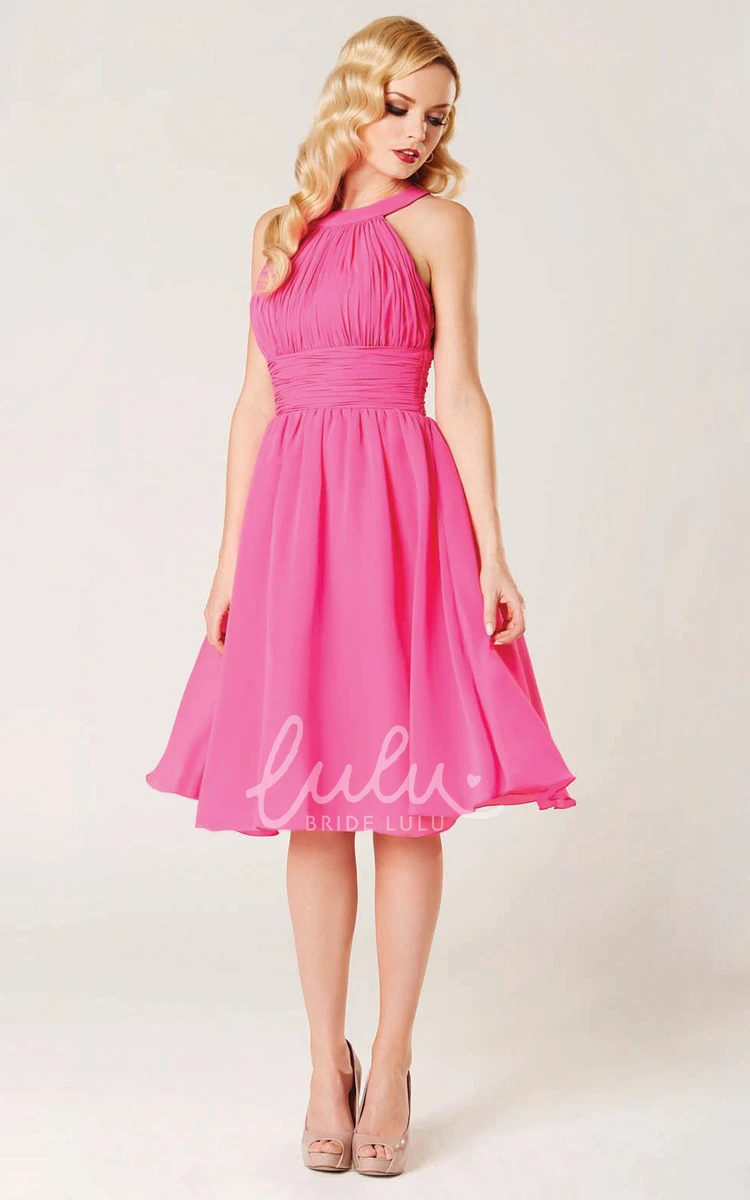 Ruched Midi Chiffon A-Line Bridesmaid Dress Scoop-Neck Sleeveless