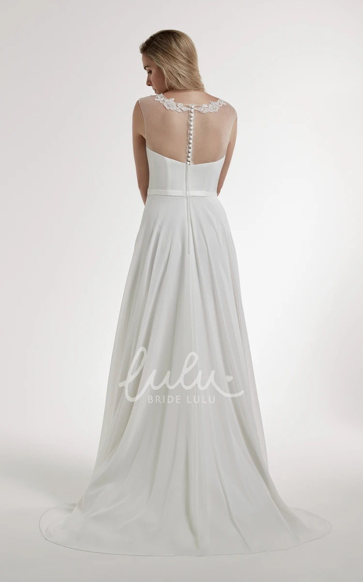 Sleeveless A-Line Satin Wedding Dress with Appliques and Illusion Back