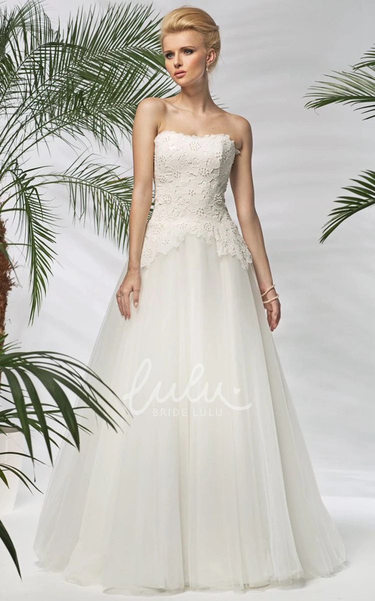 Strapless Floral A-Line Tulle Wedding Dress with Beading and Appliques