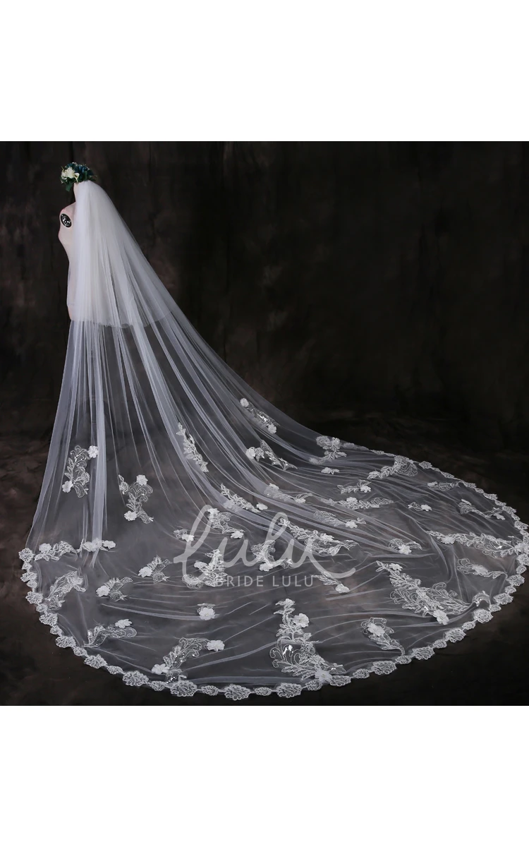 Cathedral Tulle Wedding Veil Ethereal Lace Appliques & Flowers