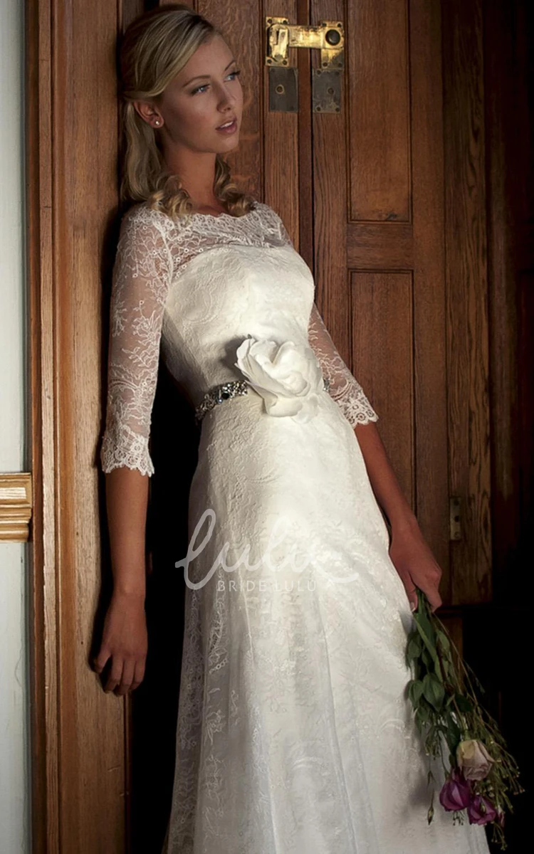 Half-Sleeve Lace Sheath Wedding Dress with Bateau-Neck and Waist Jewelry