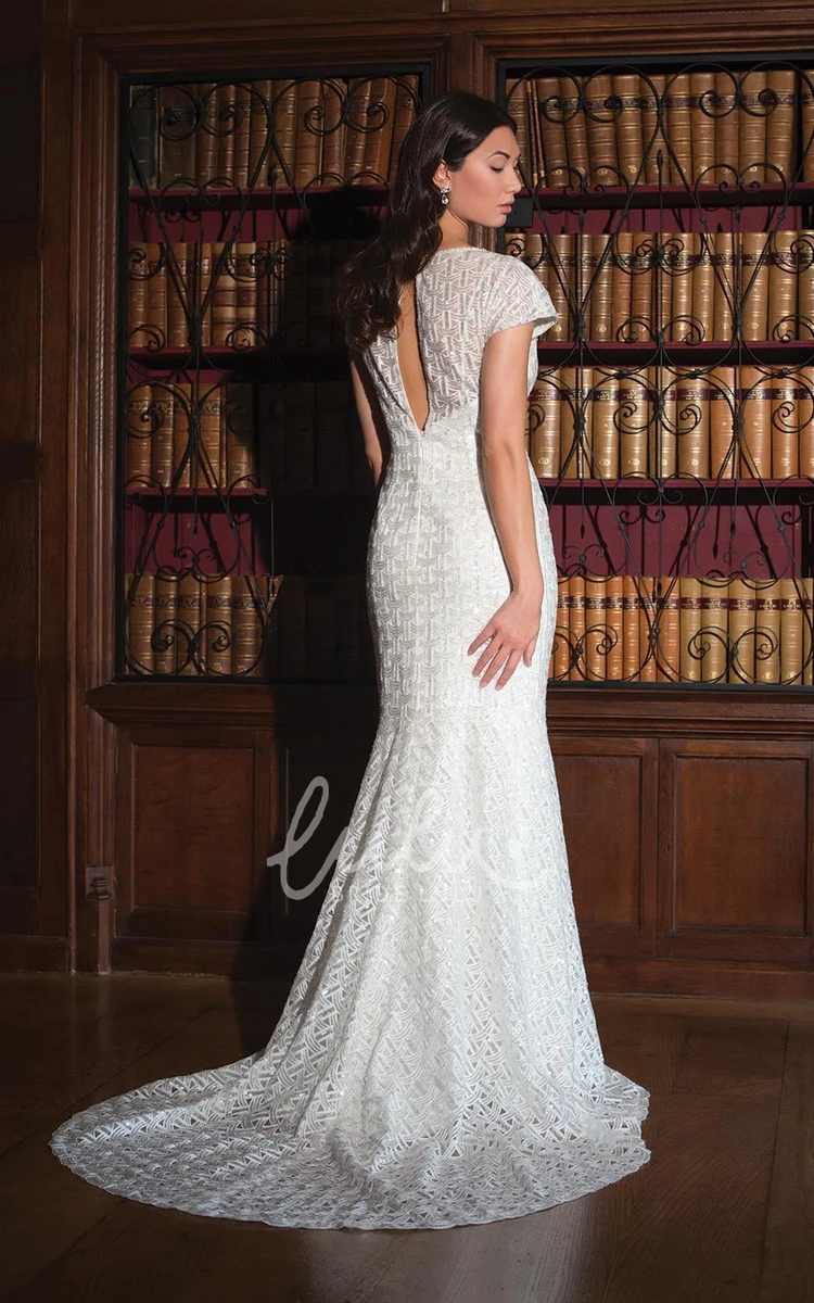 Lace Sheath Wedding Dress with T-Shirt Sleeves V-Neckline Beading and Keyhole