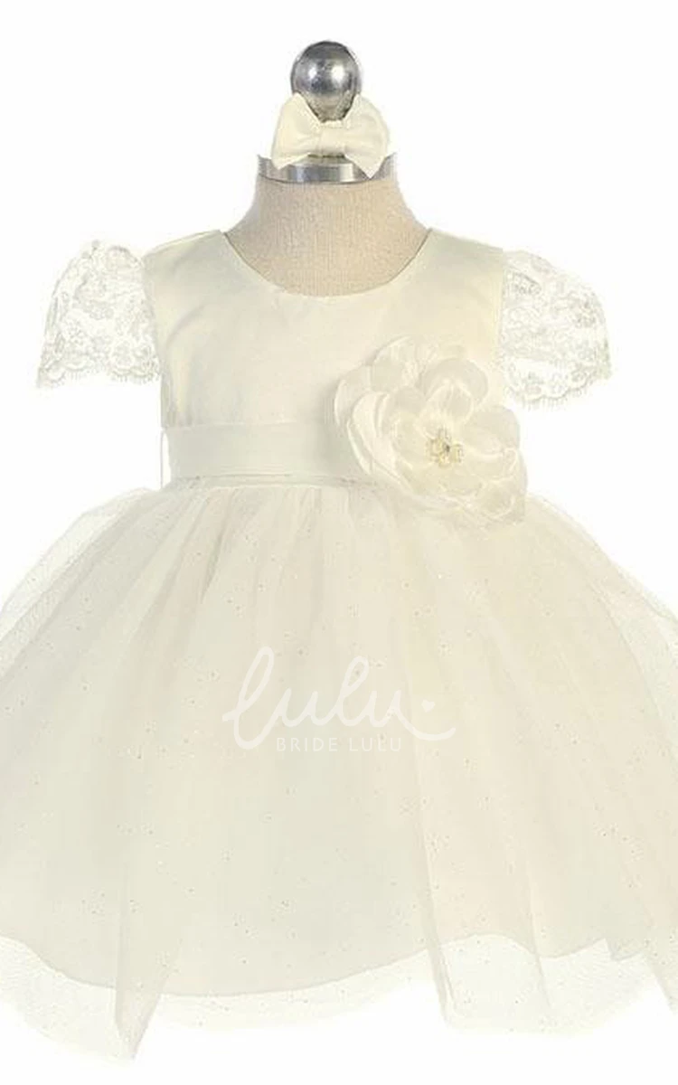 Floral Tiered Tulle&Satin Tea-Length Flower Girl Dress with Embroidery Boho Beach Wedding Dress