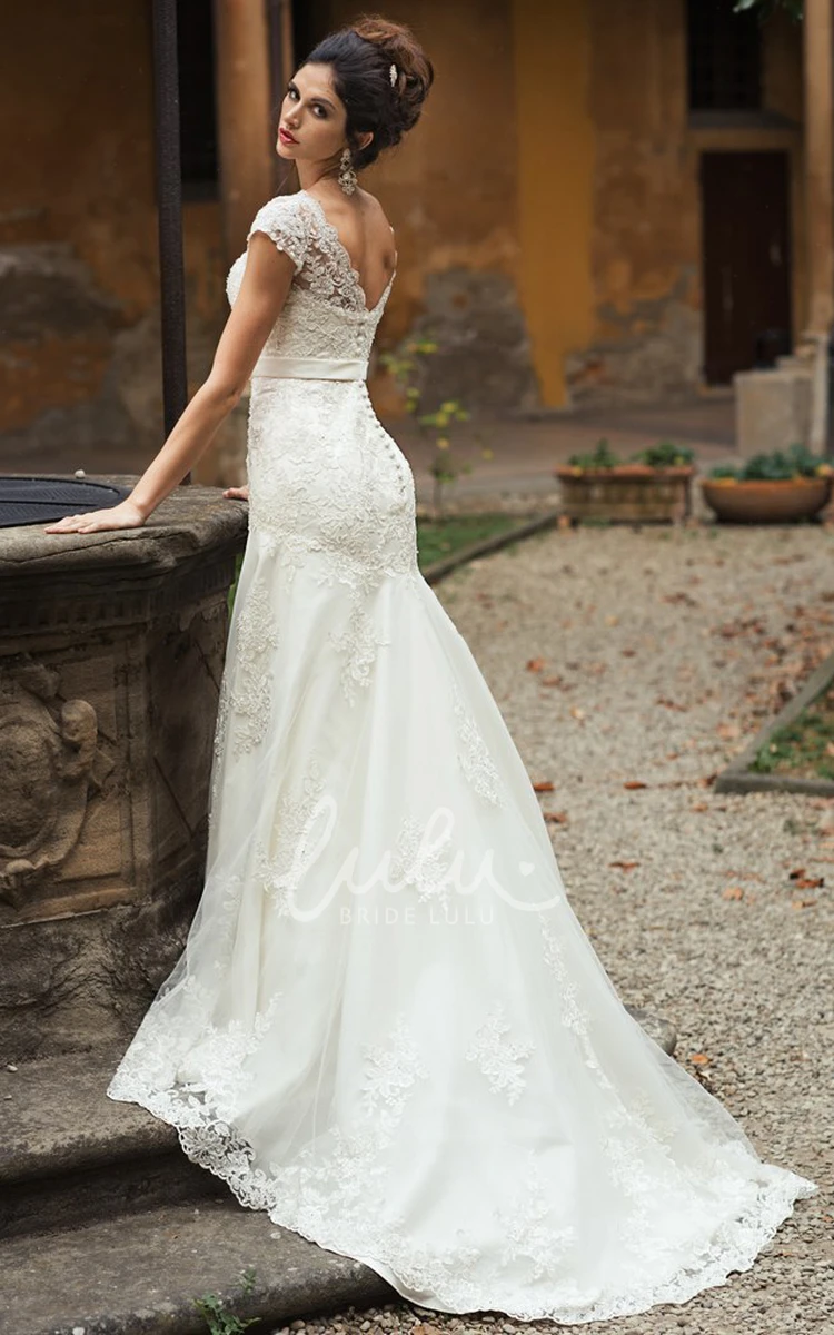 Maxi Cap-Sleeve Lace Wedding Dress with Sash V-Neck Appliqued