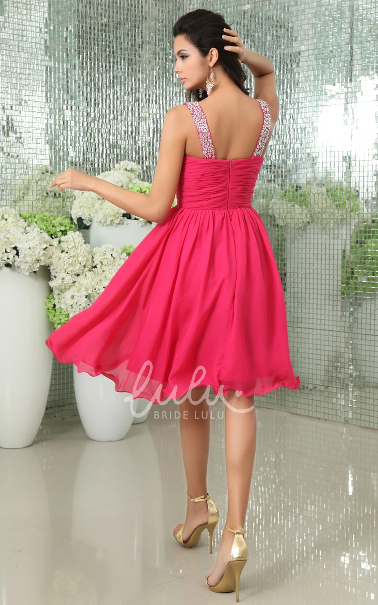 V-Neck Chiffon Short Formal Dress with Beaded Strap Sleeveless A-Line