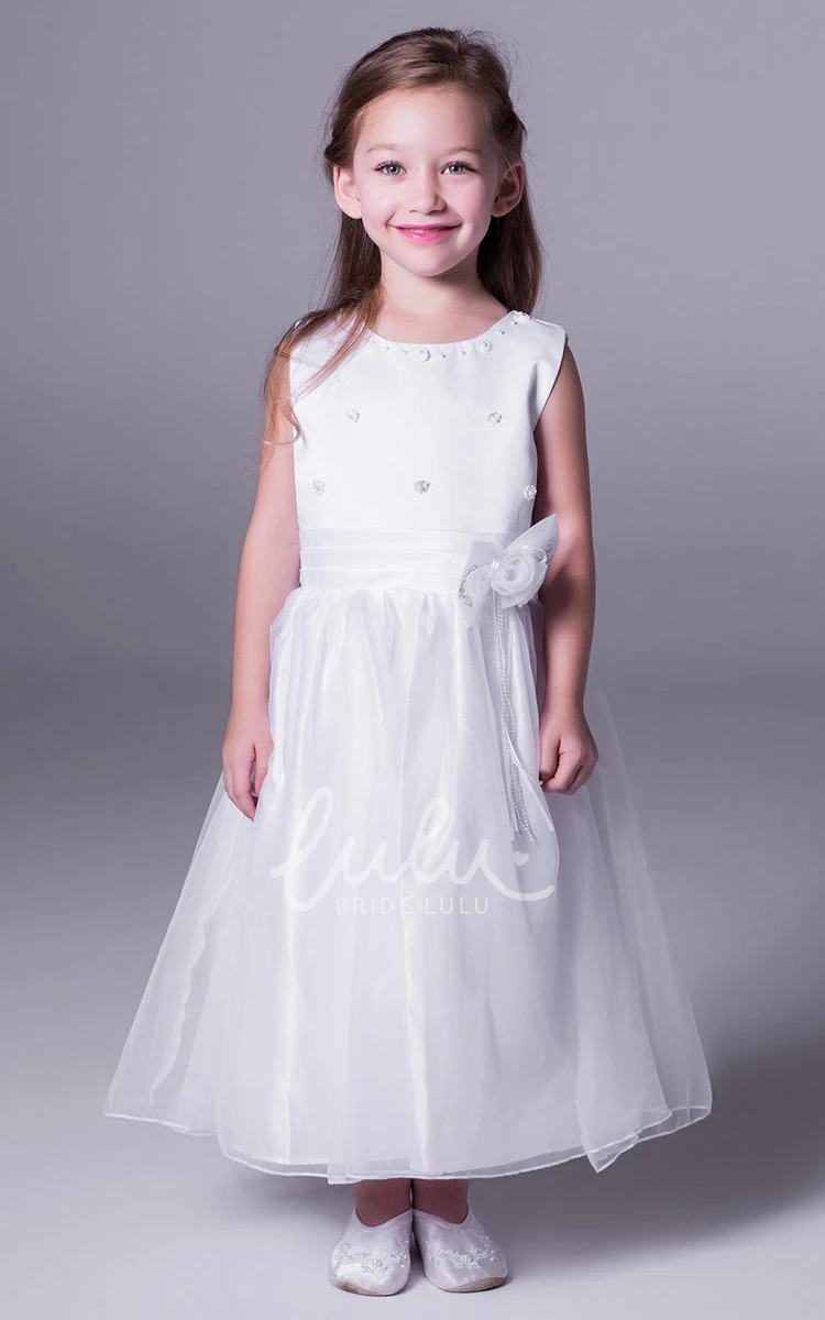 Floral Satin A-Line Tea-Length Flower Girl Dress with Bow Elegant Wedding Dress