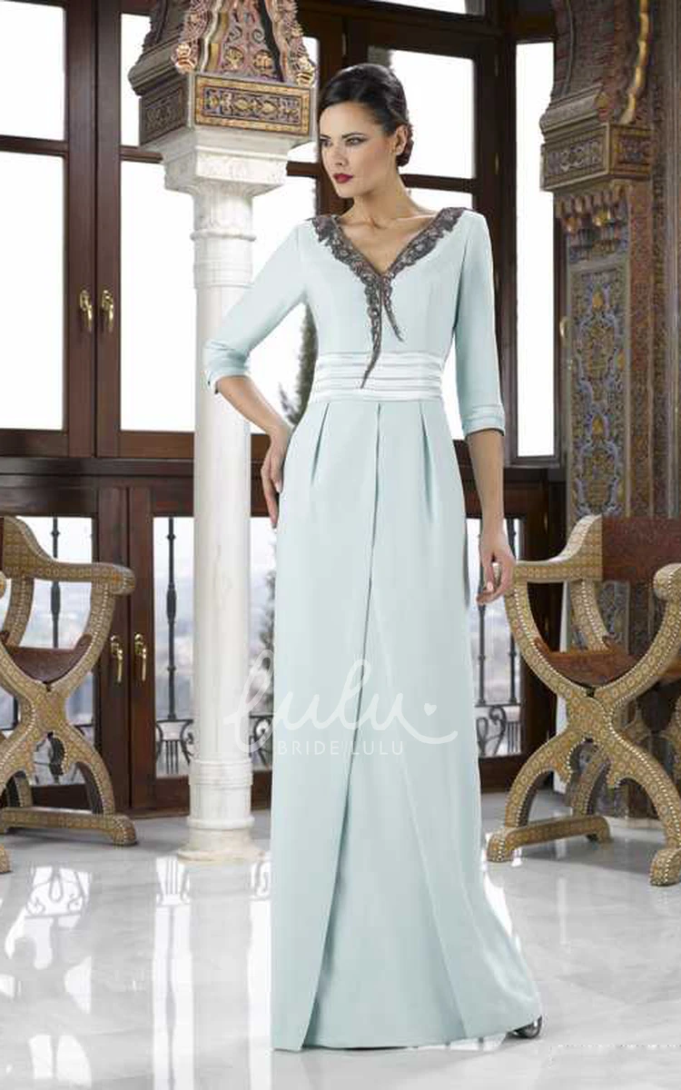 Chiffon V-Neck Mother Of The Bride Dress with Split Back and Lace Sleeves 3/4 Sleeve