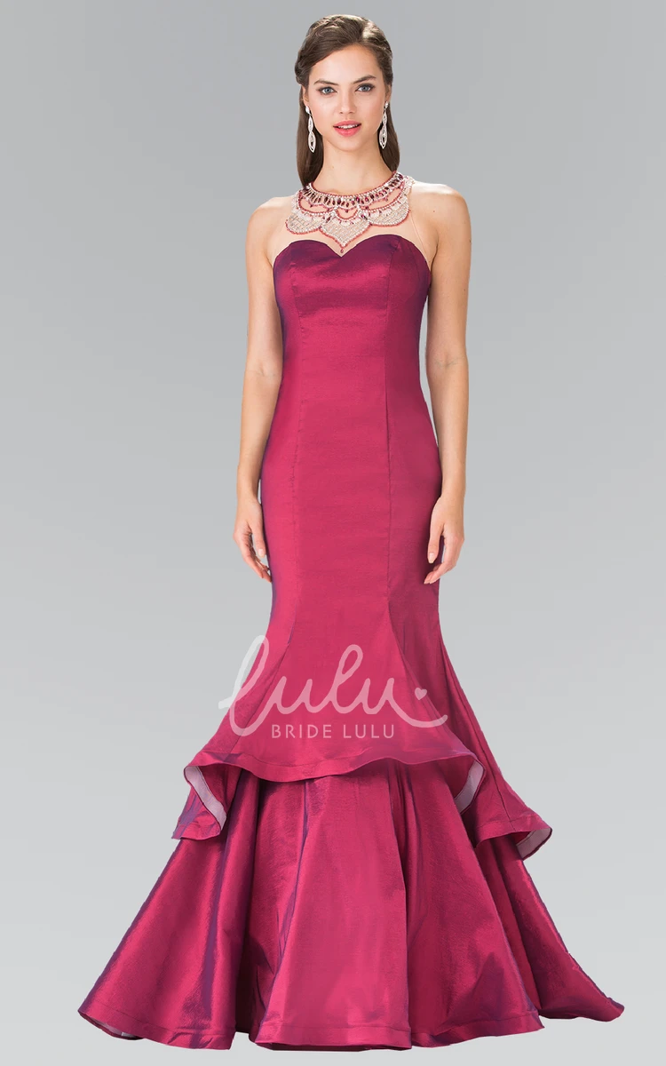 Satin Trumpet Sleeveless Illusion Bridesmaid Dress with Beading and Tiers