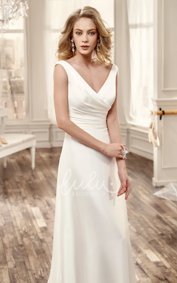 Chiffon Cap-Sleeve Wedding Dress with Low-V Neckline and Brush Train Flowy Bridal Gown