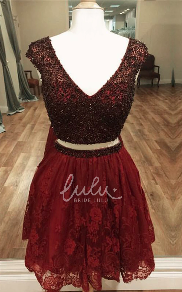 Lace V-neck Short Sleeve Beaded Homecoming Dress Adorable Two Piece