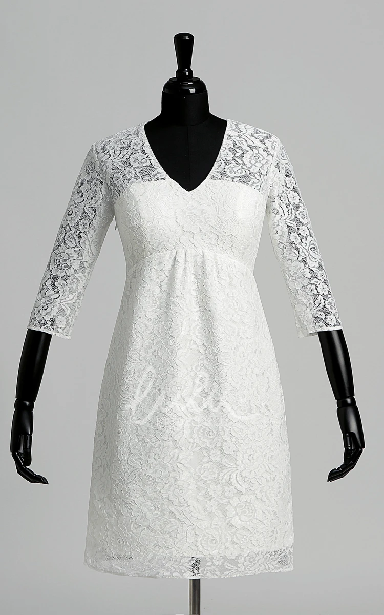 Lace A-line Wedding Dress with V-neckline Illusion 3/4 Sleeves and Ruched Details