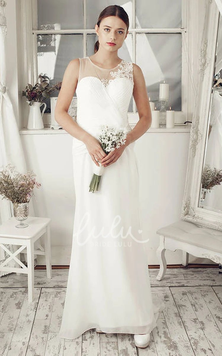 Criss-Cross Illusion Back Chiffon Sheath Wedding Dress with Appliques