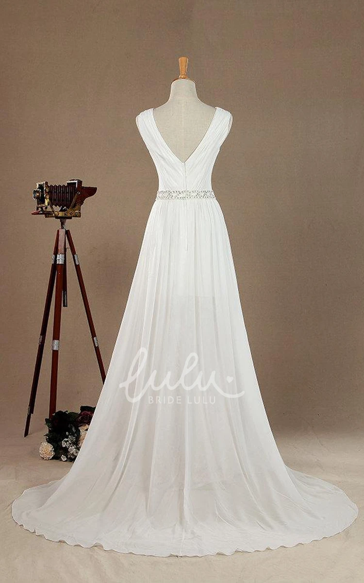 Chiffon Lace Satin Wedding Dress with V-Neck and Low Back