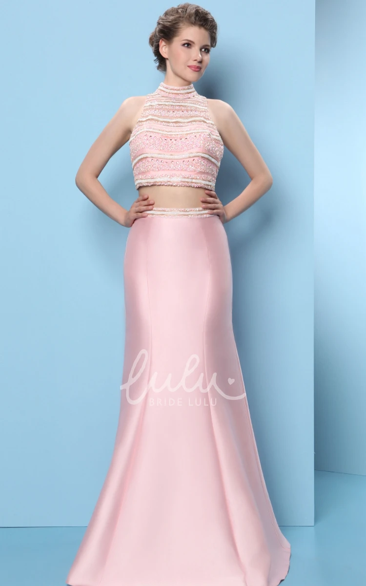 Sleeveless Trumpet Prom Dress with High-Neck and Beaded Satin