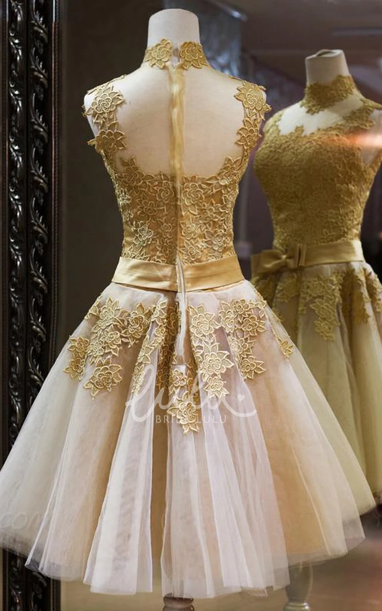 Short Prom Dress High Neck Golden Appliques Sleeveless Unique Dress