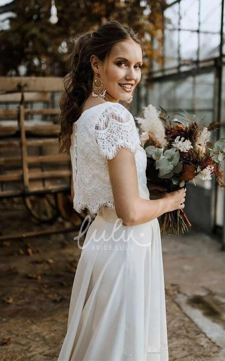 Elegant Satin and Lace Two-Piece Wedding Dress Short Sleeve