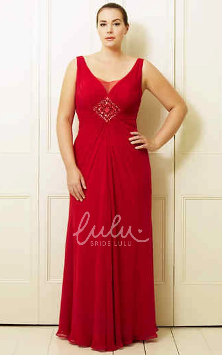 Plus Size V-Neck Chiffon Prom Dress with Ruching and Broach