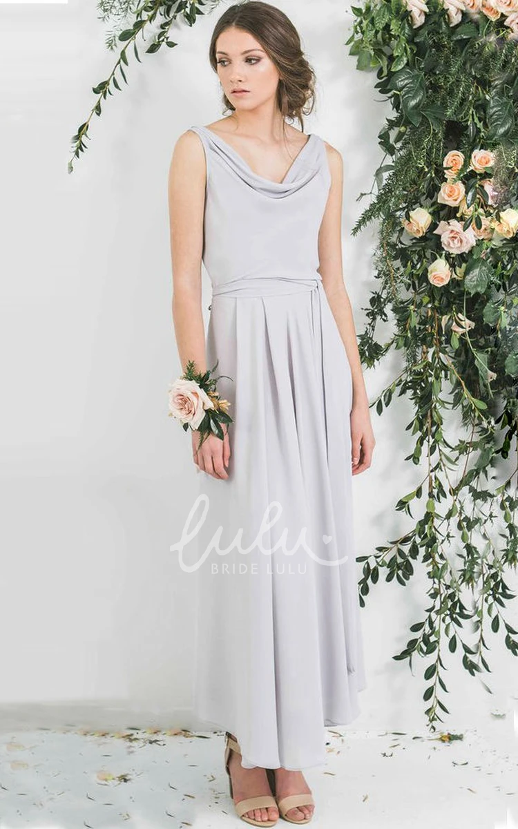 Ankle-Length Sleeveless Chiffon Bridesmaid Dress with Cowl Neck