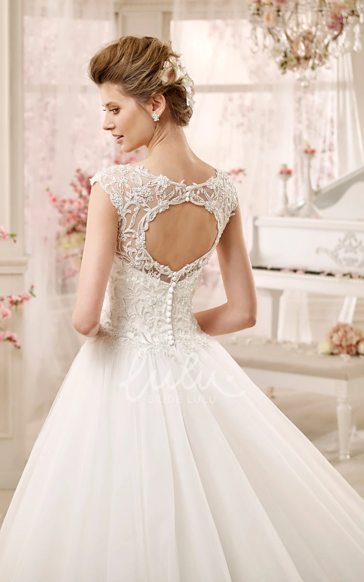 A-line Lace Wedding Gown with Cap Sleeves and Keyhole Back Classic Wedding Dress