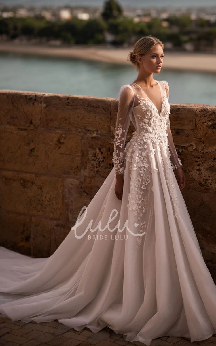 Romantic Flowers Plunging V-Neck A-Line Lace Appliques Tulle Wedding Dress Sexy Elegant Long Sleeves Floor-length Beading Backless Bridal Gown with Train