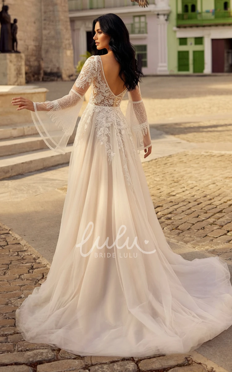 Elegant Boho A-Line V-Neck Wedding Dress with Lace Appliques and Bell Sleeves Backless Tulle Bridal Gown for Garden Ceremony