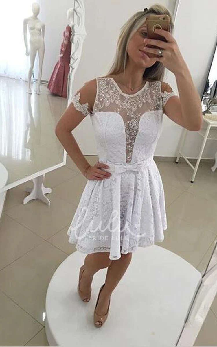 White Lace Cocktail Dress with Illusion Neckline and Bowknot