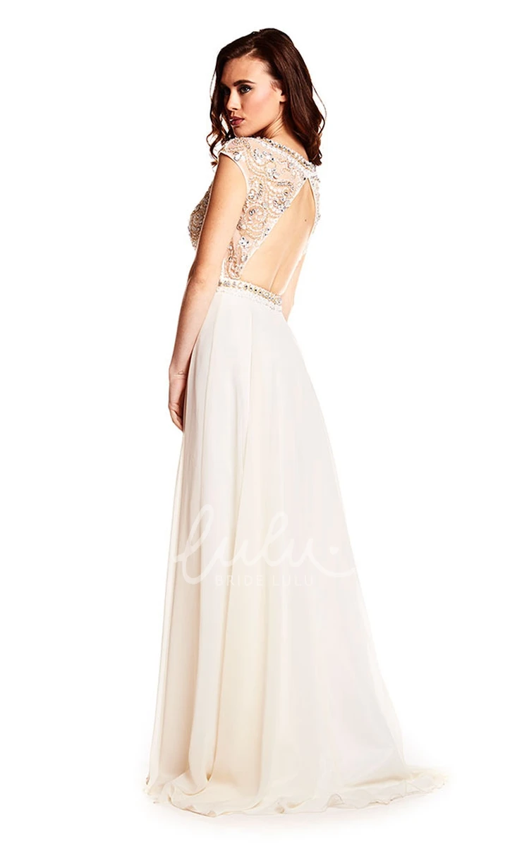 Chiffon Cap Sleeve Prom Dress with Beaded Bateau Neckline and Keyhole