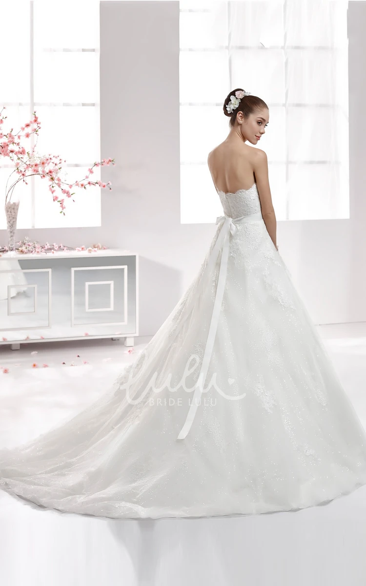 Beaded Waist Strapless A-Line Lace Wedding Dress with Back-Bow and Brush Train