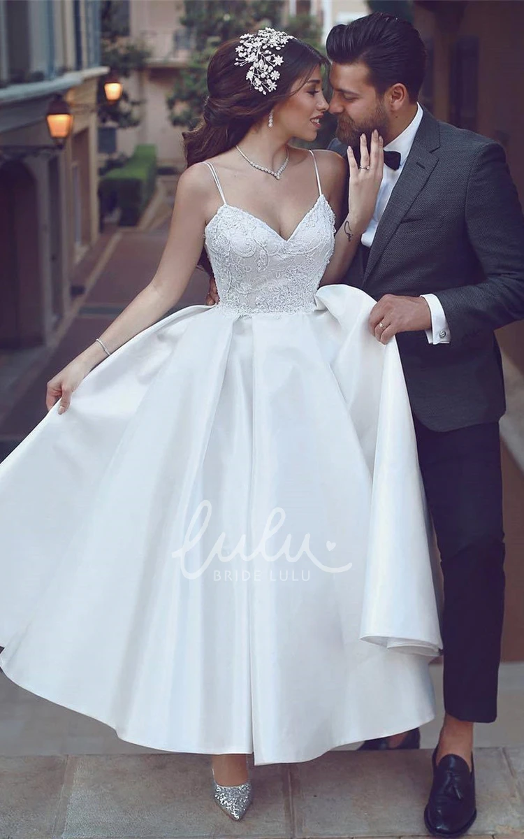Satin A-line Spaghetti Wedding Dress with Applique and Sleeveless Design