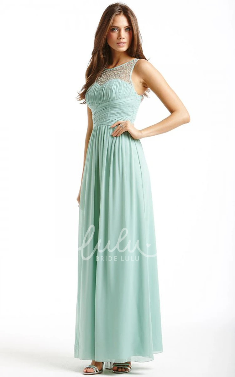 Sleeveless Ruched Chiffon Bridesmaid Dress with Bateau Neck Ankle-Length