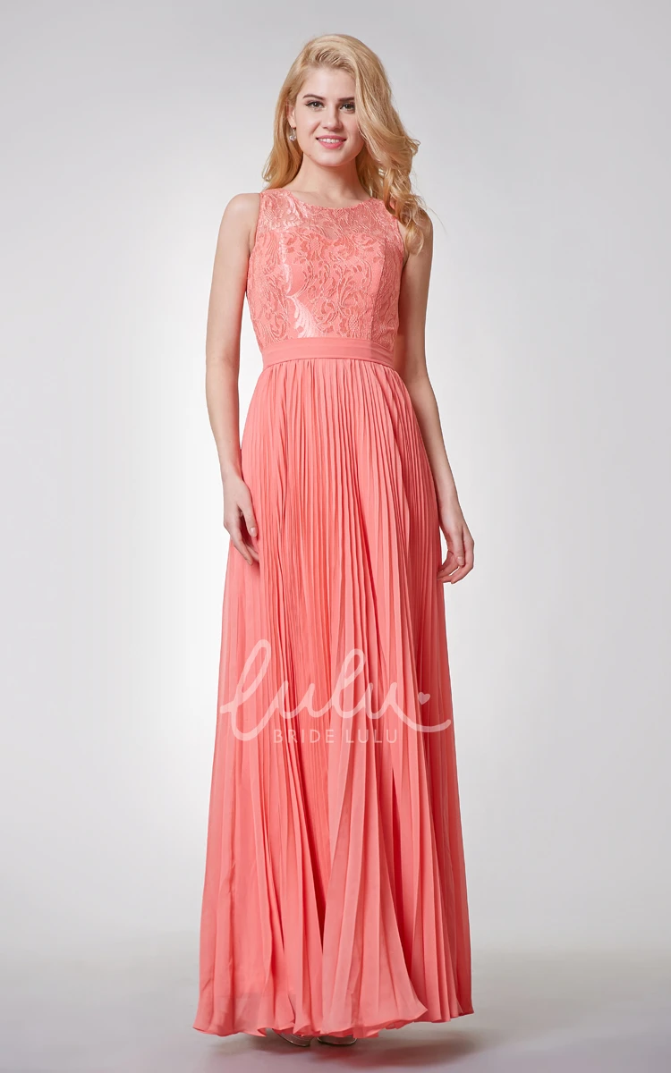 Lace Neckline A-line Chiffon Bridesmaid Dress with Pleated Skirt