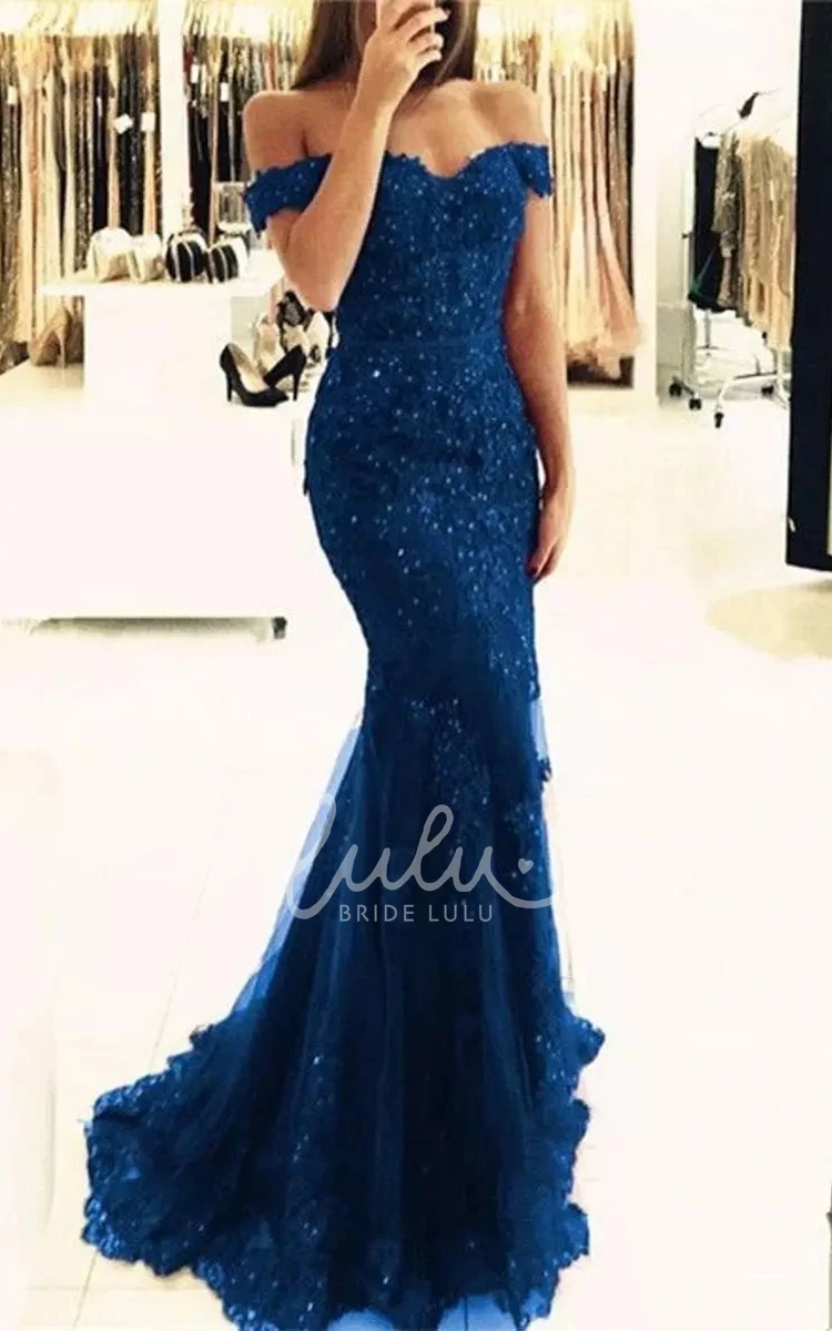 Lace Tulle Mermaid Prom Dress with Off-the-Shoulder Cap Sleeves