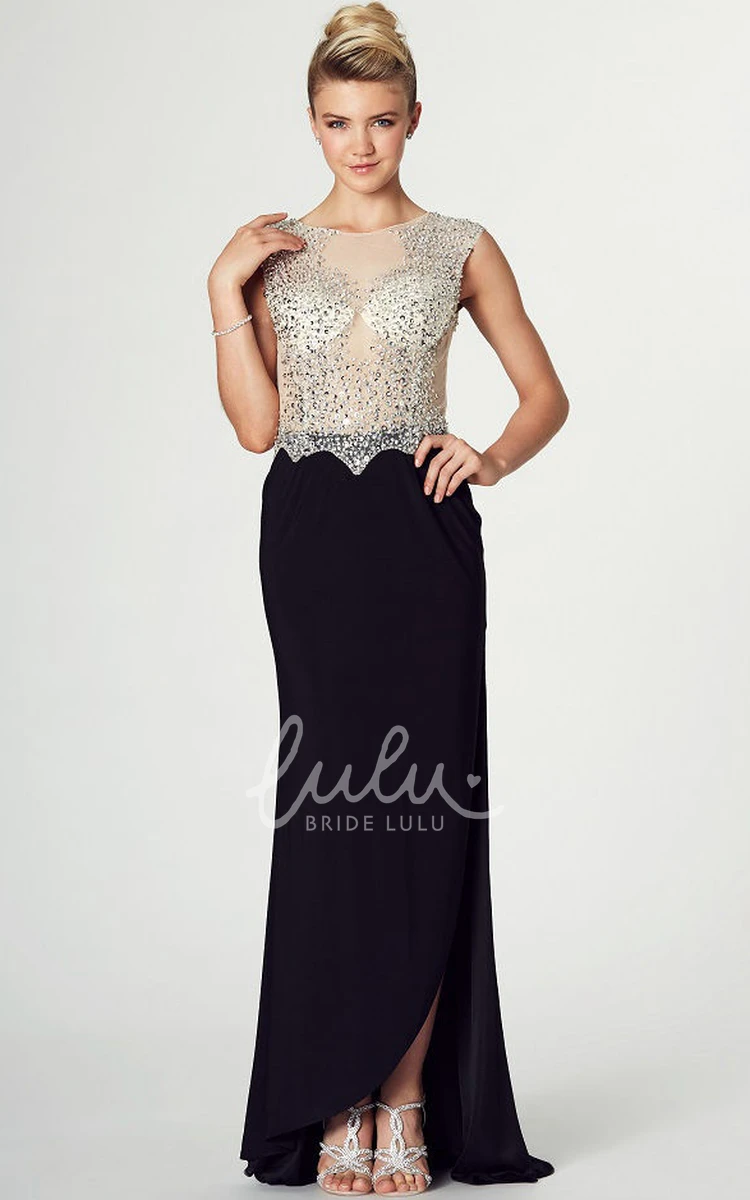 Sheath Beaded Chiffon Prom Dress with Illusion Back and Split Front in Floor-Length