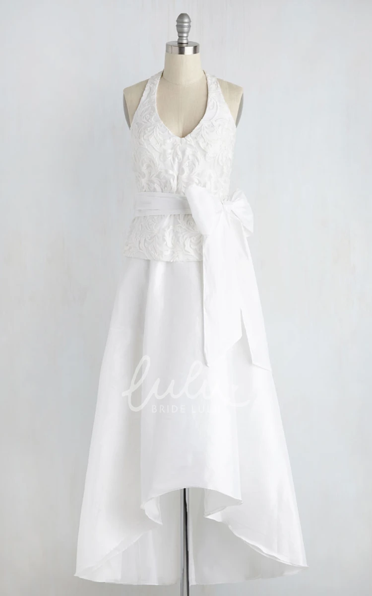 High-Low Taffeta A-Line Wedding Dress Sleeveless V-Neck with Appliques and Bow