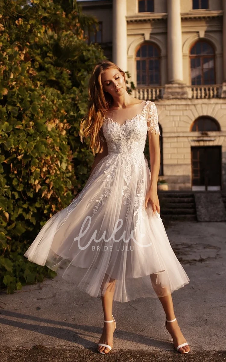 A-Line V-neck Lace Tea-length Ethereal Short Sleeve Wedding Dress with Button Back