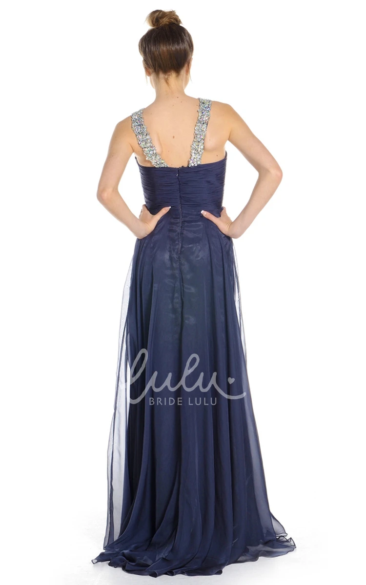 Maxi Chiffon Prom Dress with Beaded Straps and Pleats