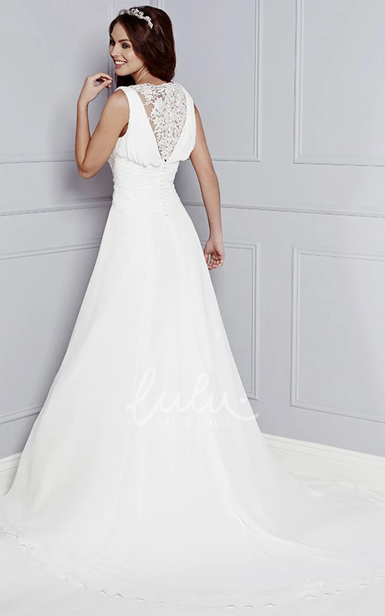 V-Neck Jeweled Chiffon A-Line Wedding Dress Sleeveless Long with Ruching and Appliques